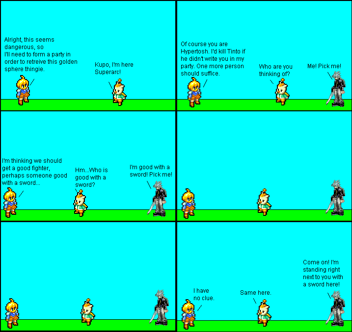 [SuperArc and Hypertosh try to find someone for their party and manage to ignore Mel.]